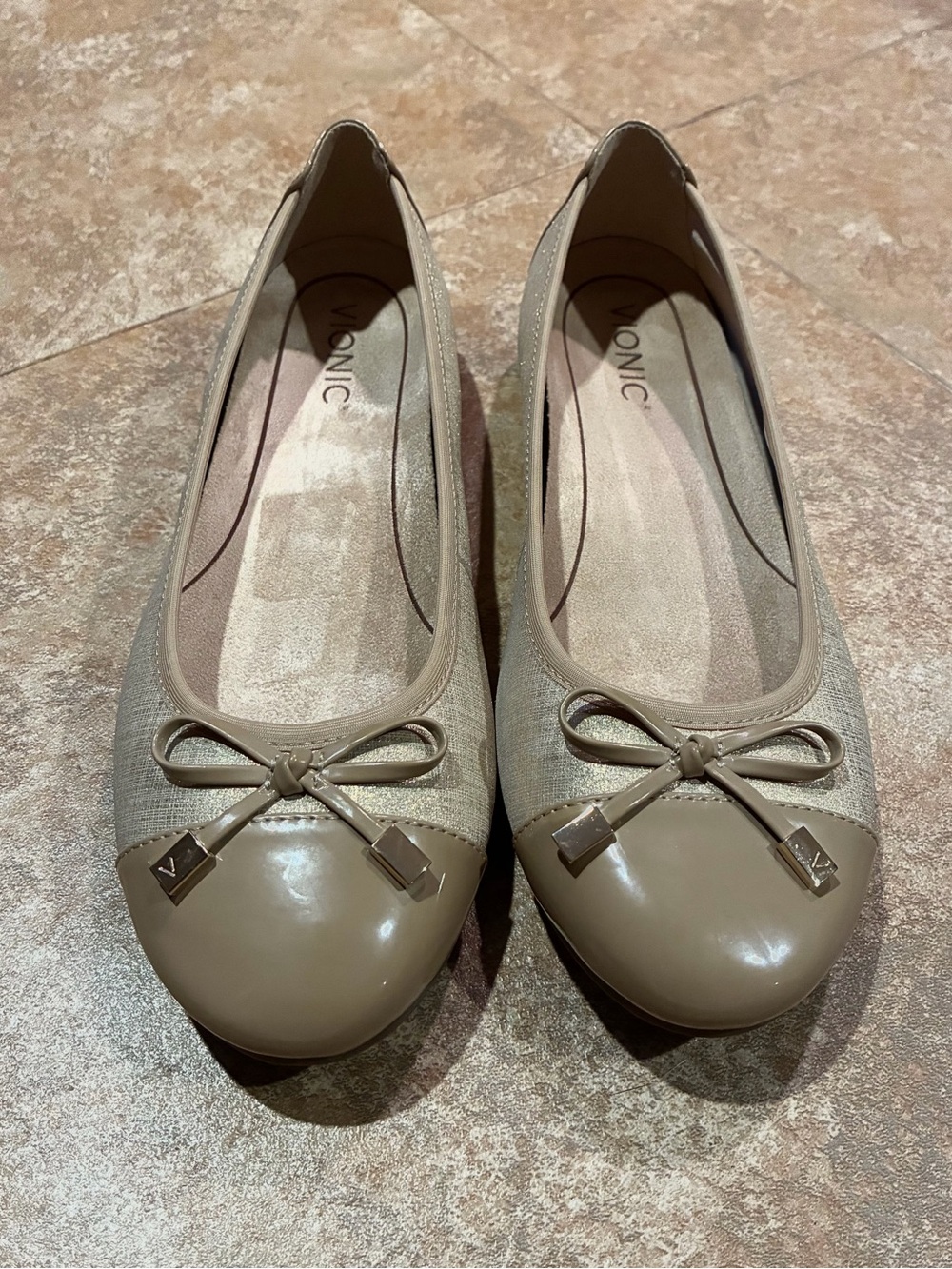 Vionic Gold and Taupe Minna Met Ballet Flats with Patent Toe and Bow